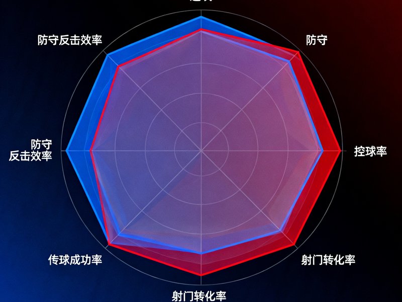 数据统计雷达图，对比两支球队在进攻、防守、控球率、射门转化率等六个维度的表现差异，彩色填充区域清晰展示优劣势